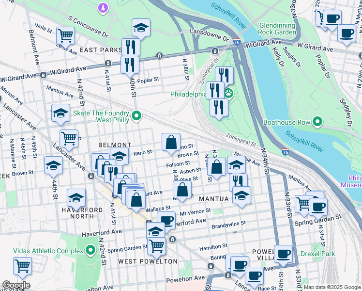 map of restaurants, bars, coffee shops, grocery stores, and more near 3843 Reno Street in Philadelphia
