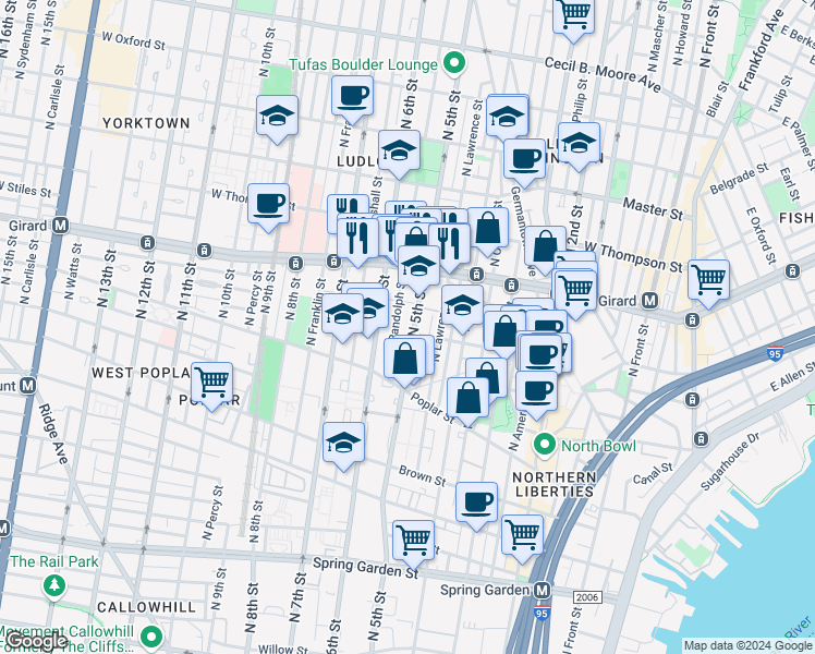 map of restaurants, bars, coffee shops, grocery stores, and more near 964 North 5th Street in Philadelphia