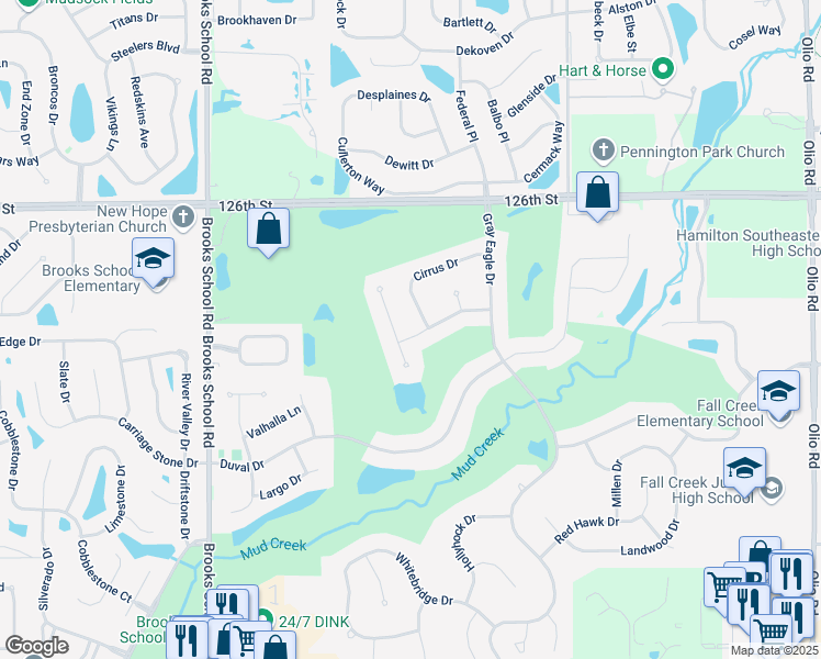 map of restaurants, bars, coffee shops, grocery stores, and more near 12419 Brandamore Lane in Fishers