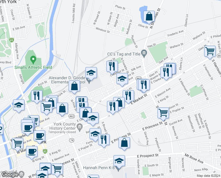 map of restaurants, bars, coffee shops, grocery stores, and more near 519 Walnut Street in York