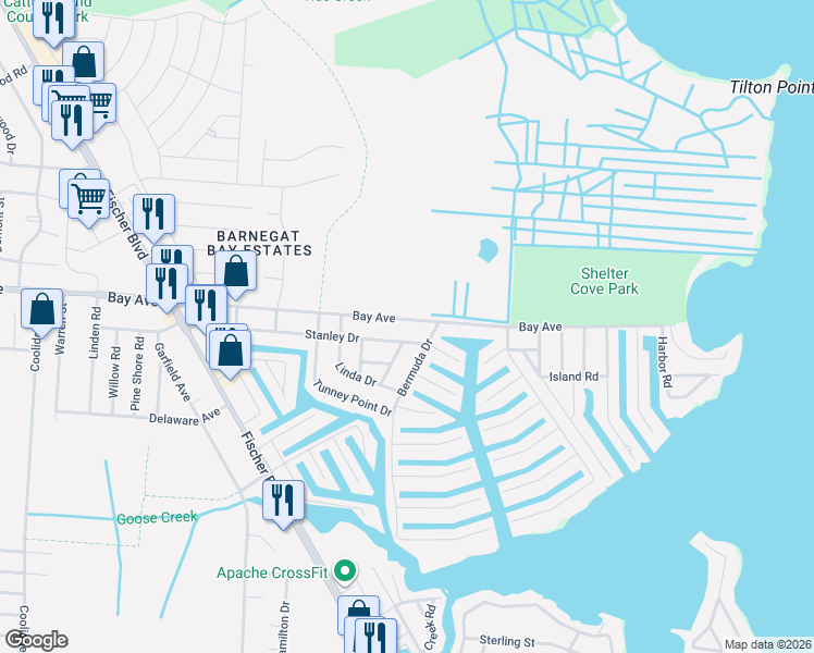 map of restaurants, bars, coffee shops, grocery stores, and more near 1321 Bay Avenue in Toms River