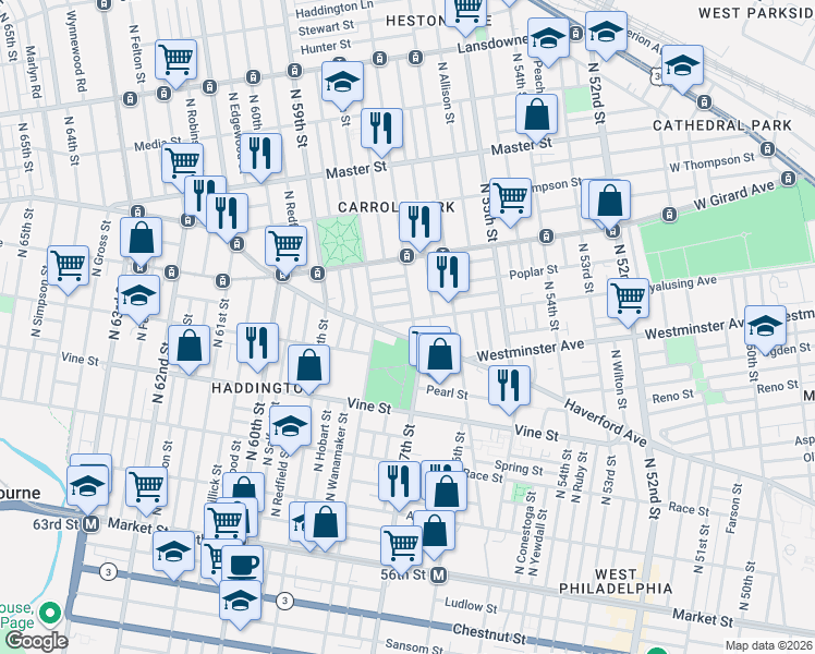 map of restaurants, bars, coffee shops, grocery stores, and more near 616 North 57th Street in Philadelphia