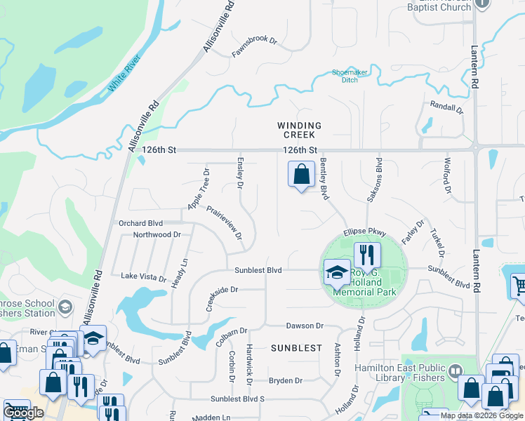 map of restaurants, bars, coffee shops, grocery stores, and more near 8105 East 126th Street in Fishers