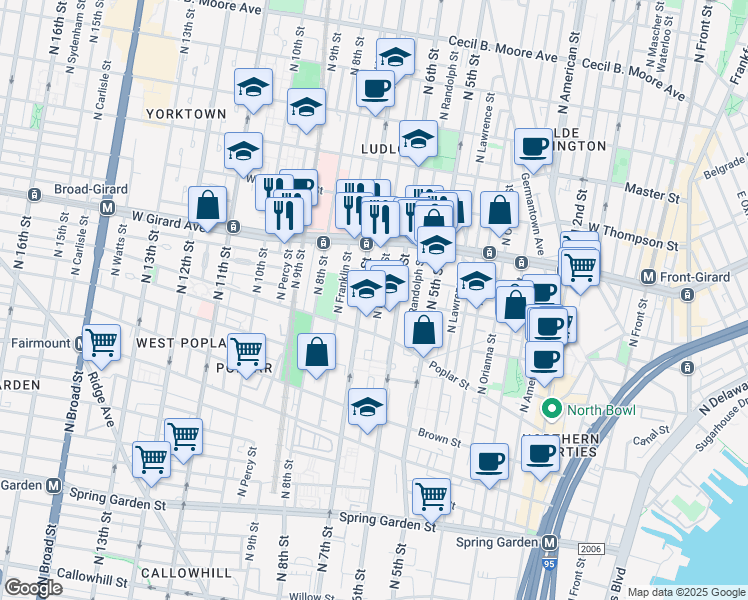 map of restaurants, bars, coffee shops, grocery stores, and more near 944 North Marshall Street in Philadelphia