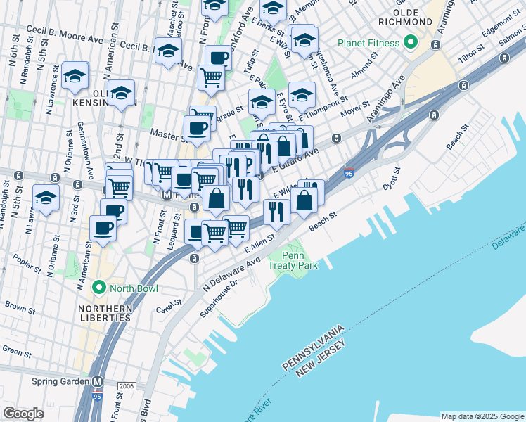 map of restaurants, bars, coffee shops, grocery stores, and more near 1016 Hyde Street in Philadelphia