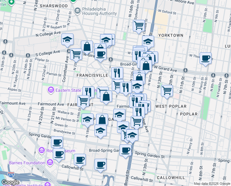 map of restaurants, bars, coffee shops, grocery stores, and more near 1530-32 Parrish Street in Philadelphia