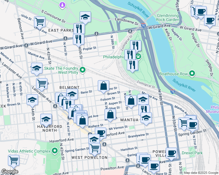 map of restaurants, bars, coffee shops, grocery stores, and more near 3843 Reno Street in Philadelphia