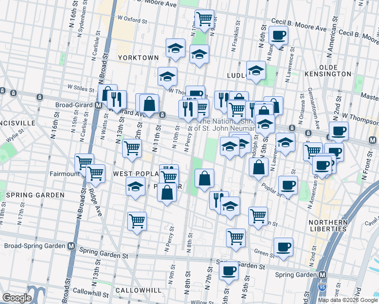 map of restaurants, bars, coffee shops, grocery stores, and more near 900-58 North 9th Street in Philadelphia