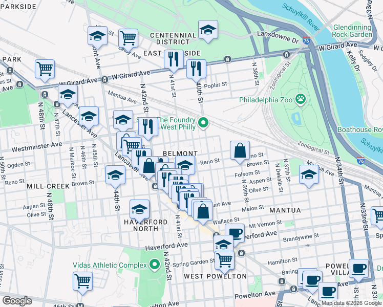 map of restaurants, bars, coffee shops, grocery stores, and more near 846 Wiota Street in Philadelphia