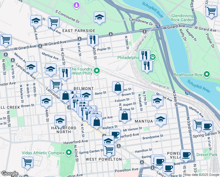 map of restaurants, bars, coffee shops, grocery stores, and more near 3932 Parrish Street in Philadelphia