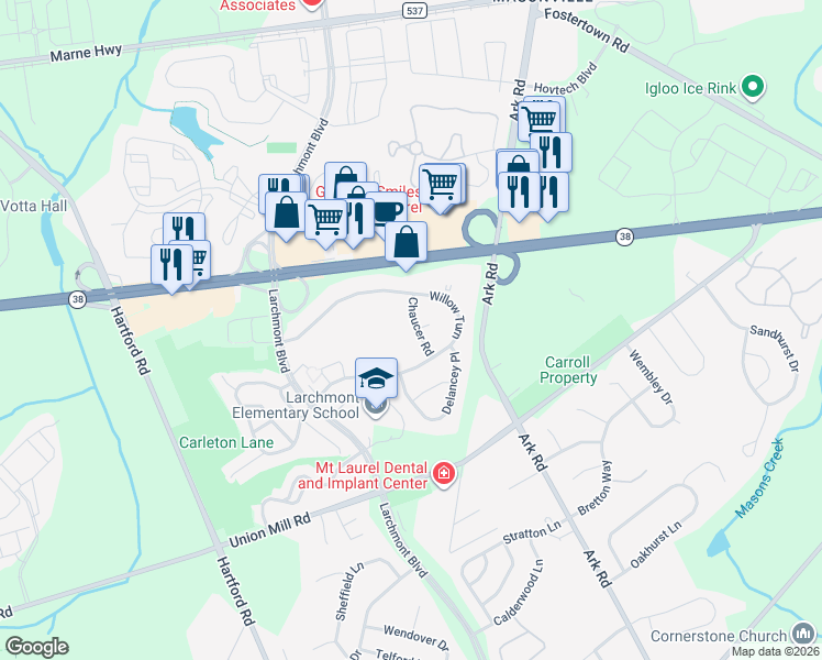 map of restaurants, bars, coffee shops, grocery stores, and more near 229B Willow Turn in Mount Laurel Township