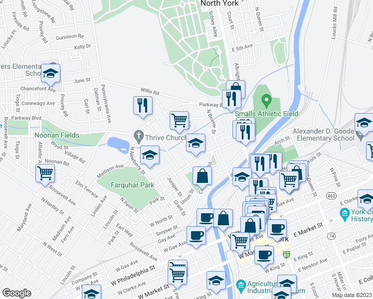 map of restaurants, bars, coffee shops, grocery stores, and more near 534 North Pershing Avenue in York