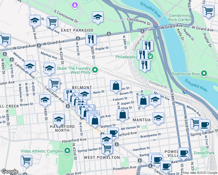 map of restaurants, bars, coffee shops, grocery stores, and more near 3932 Parrish Street in Philadelphia