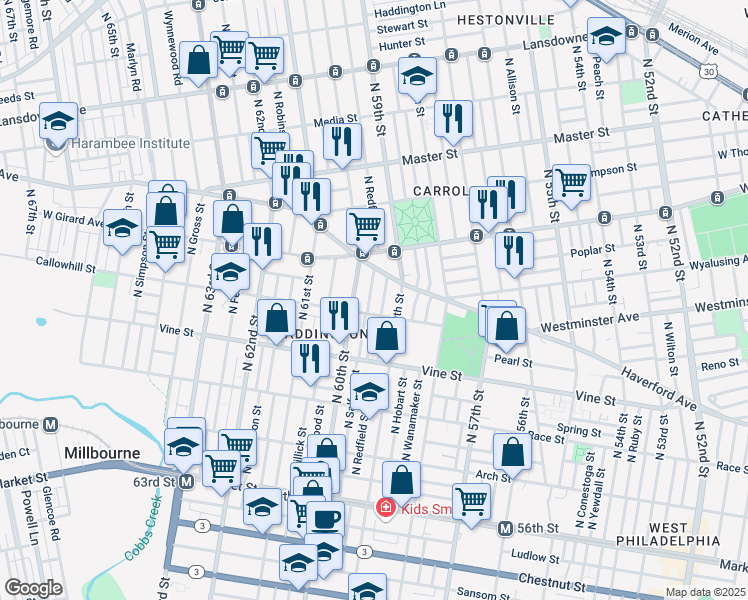 map of restaurants, bars, coffee shops, grocery stores, and more near 415 North Salford Street in Philadelphia