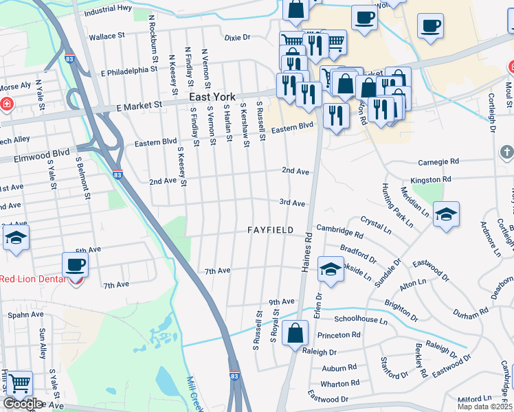 map of restaurants, bars, coffee shops, grocery stores, and more near 311 South Kershaw Street in East York