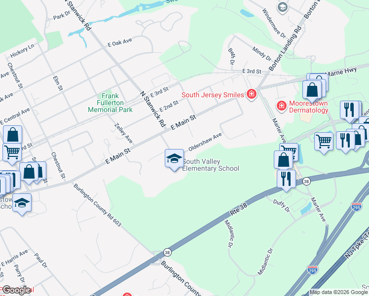 map of restaurants, bars, coffee shops, grocery stores, and more near 409 Oldershaw Avenue in Moorestown