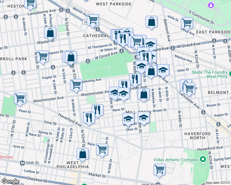 map of restaurants, bars, coffee shops, grocery stores, and more near 4936 Westminster Avenue in Philadelphia