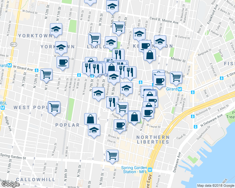 map of restaurants, bars, coffee shops, grocery stores, and more near 1006 North Orkney Street in Philadelphia