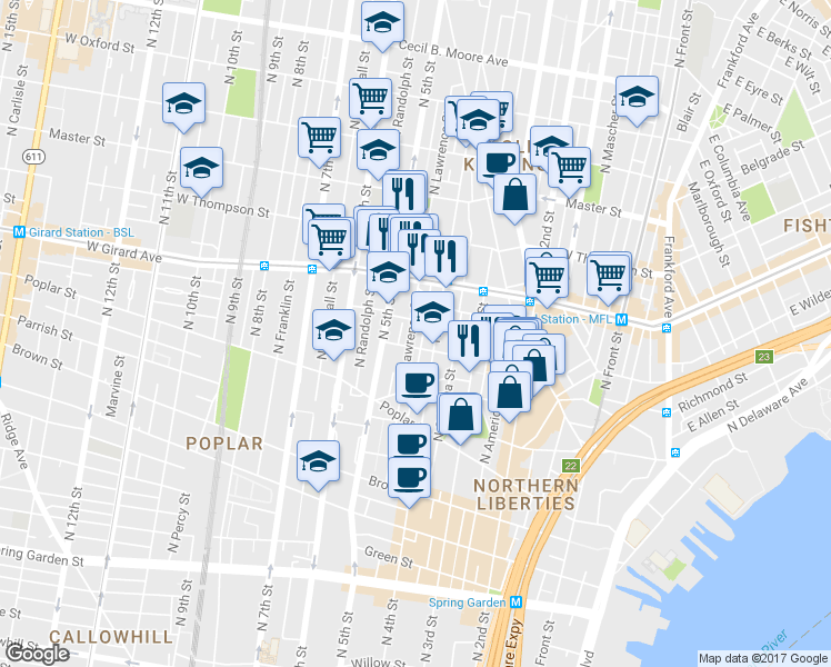 map of restaurants, bars, coffee shops, grocery stores, and more near 1013 North Lawrence Street in Philadelphia
