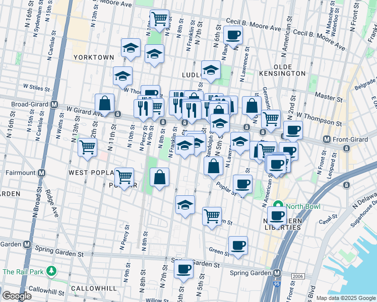 map of restaurants, bars, coffee shops, grocery stores, and more near 944 North Marshall Street in Philadelphia
