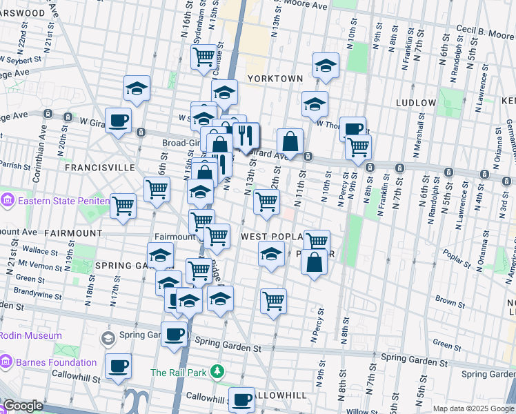 map of restaurants, bars, coffee shops, grocery stores, and more near 1219 Parrish Street in Philadelphia