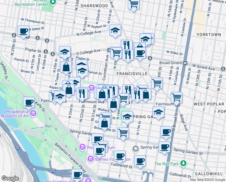 map of restaurants, bars, coffee shops, grocery stores, and more near 745 North 20th Street in Philadelphia