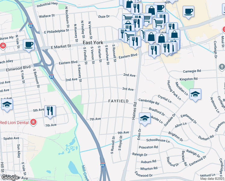 map of restaurants, bars, coffee shops, grocery stores, and more near 311 South Kershaw Street in East York
