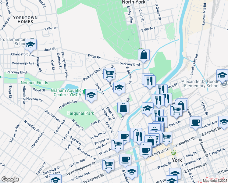 map of restaurants, bars, coffee shops, grocery stores, and more near 534 North Pershing Avenue in York