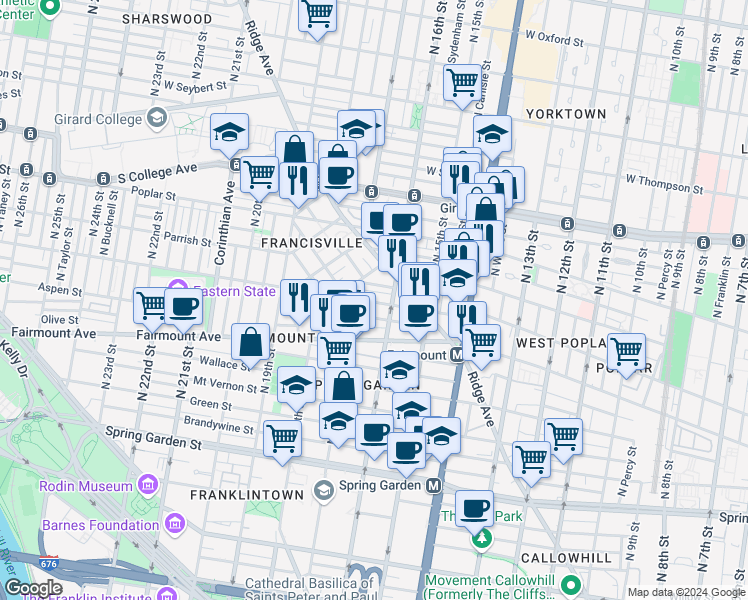 map of restaurants, bars, coffee shops, grocery stores, and more near 1613 Brown Street in Philadelphia