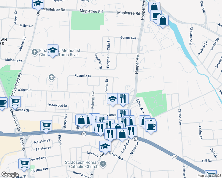map of restaurants, bars, coffee shops, grocery stores, and more near 1015 Vauxhall Road in Toms River