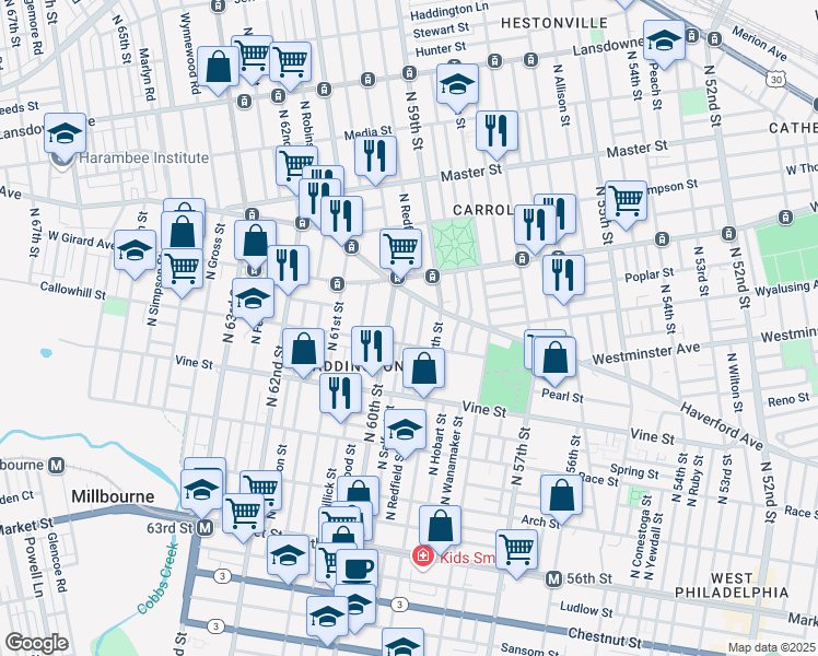 map of restaurants, bars, coffee shops, grocery stores, and more near 415 North Salford Street in Philadelphia