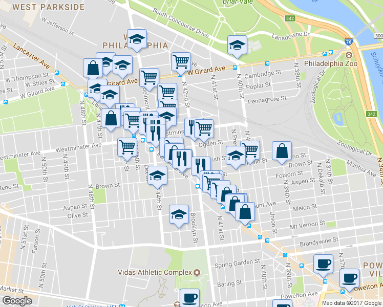 map of restaurants, bars, coffee shops, grocery stores, and more near 854 North 42nd Street in Philadelphia