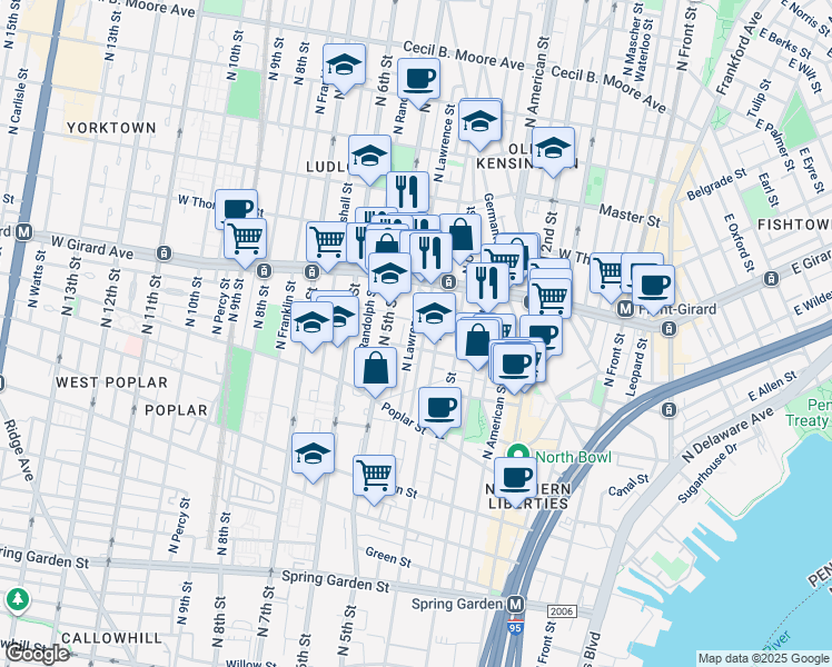 map of restaurants, bars, coffee shops, grocery stores, and more near 1013 North Lawrence Street in Philadelphia