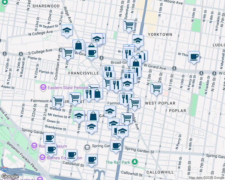 map of restaurants, bars, coffee shops, grocery stores, and more near 1520 Ridge Avenue in Philadelphia