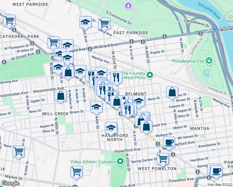 map of restaurants, bars, coffee shops, grocery stores, and more near 854 North 42nd Street in Philadelphia
