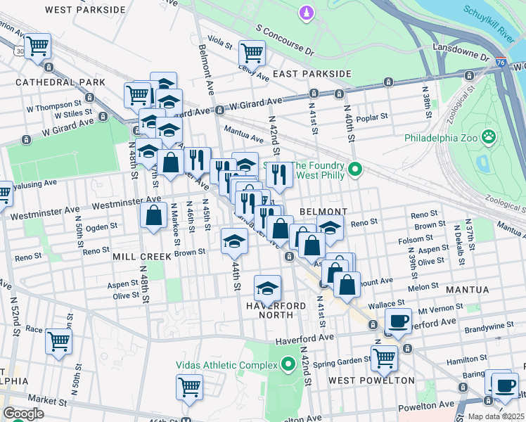 map of restaurants, bars, coffee shops, grocery stores, and more near 835 Hutton Street in Philadelphia