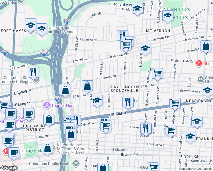 map of restaurants, bars, coffee shops, grocery stores, and more near 184-186 North 18th Street in Columbus