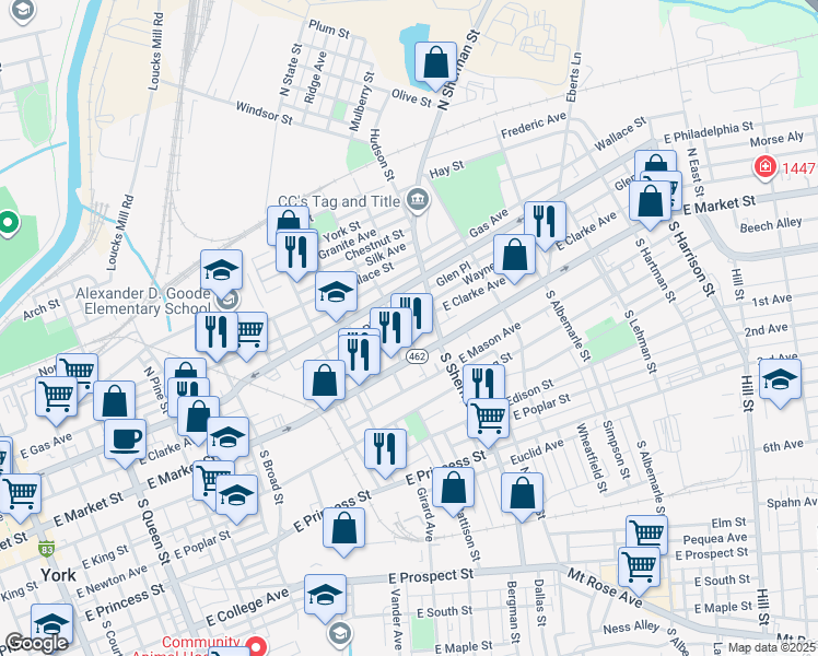 map of restaurants, bars, coffee shops, grocery stores, and more near 713-737 East Clarke Avenue in York
