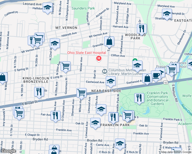 map of restaurants, bars, coffee shops, grocery stores, and more near 90 Burt Street in Columbus