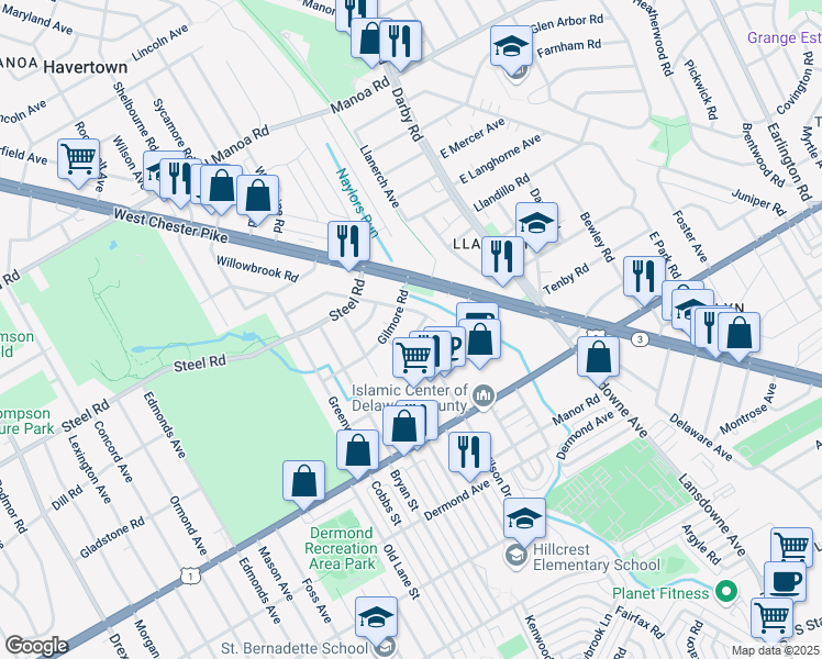 map of restaurants, bars, coffee shops, grocery stores, and more near 120 Joanna Road in Havertown
