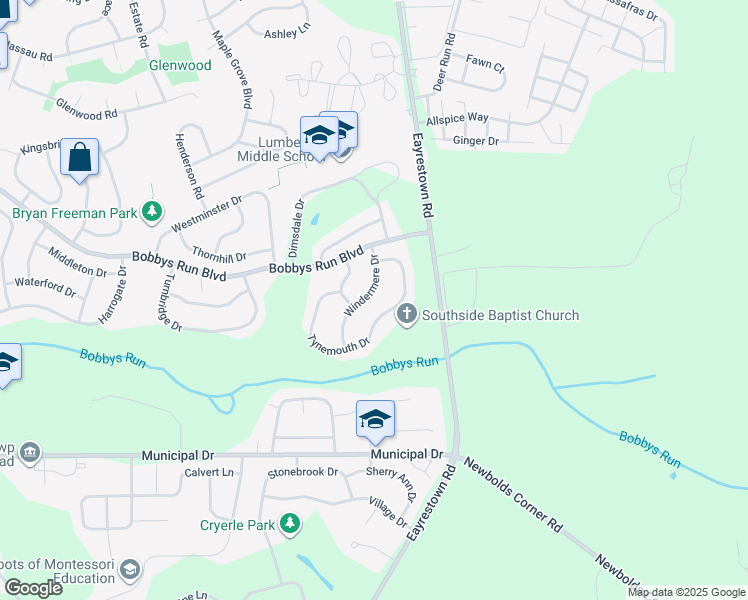 map of restaurants, bars, coffee shops, grocery stores, and more near 14 Windermere Drive in Lumberton
