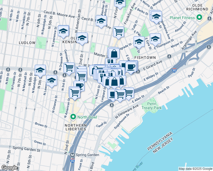map of restaurants, bars, coffee shops, grocery stores, and more near 15 West Girard Avenue in Philadelphia