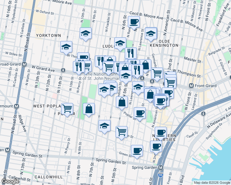 map of restaurants, bars, coffee shops, grocery stores, and more near 952 North 6th Street in Philadelphia