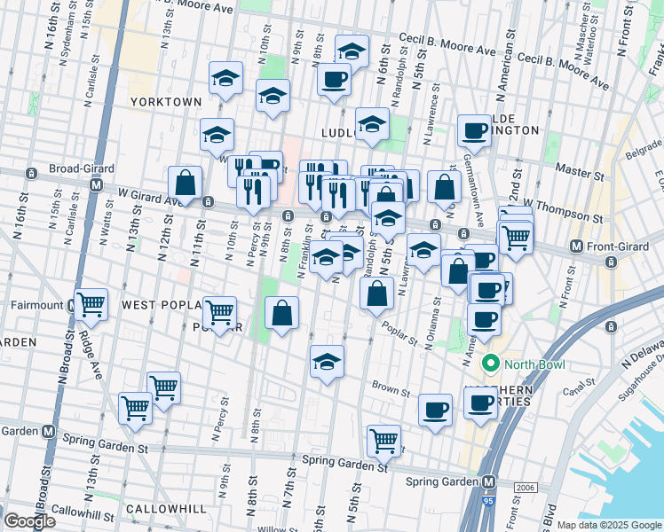 map of restaurants, bars, coffee shops, grocery stores, and more near 994 North Marshall Street in Philadelphia