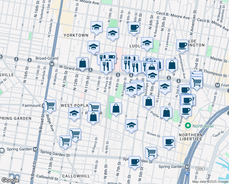 map of restaurants, bars, coffee shops, grocery stores, and more near 901-47 North 8th Street in Philadelphia