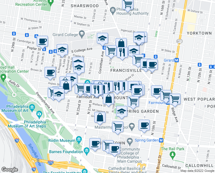 map of restaurants, bars, coffee shops, grocery stores, and more near 1123 Marlborough Street in Philadelphia