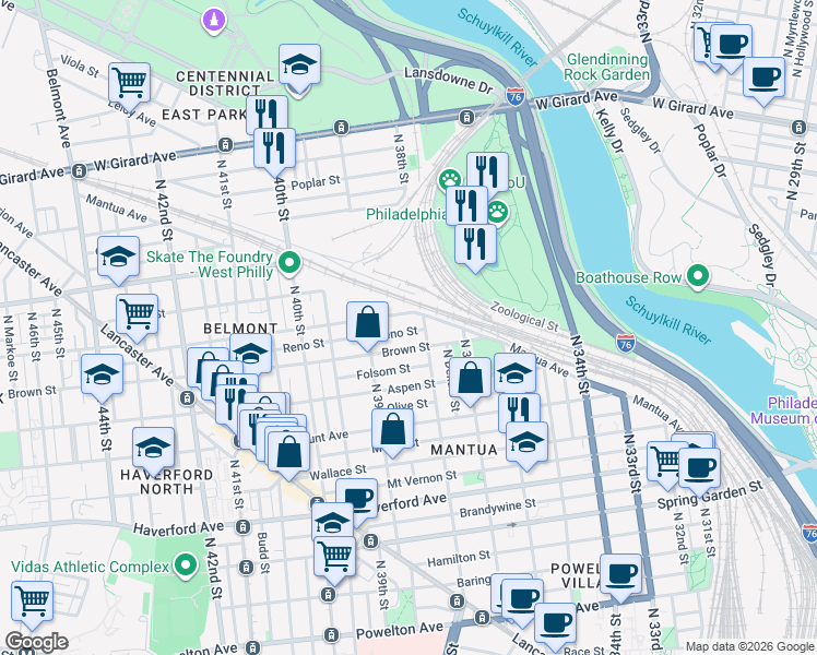 map of restaurants, bars, coffee shops, grocery stores, and more near 3826 Parrish Street in Philadelphia