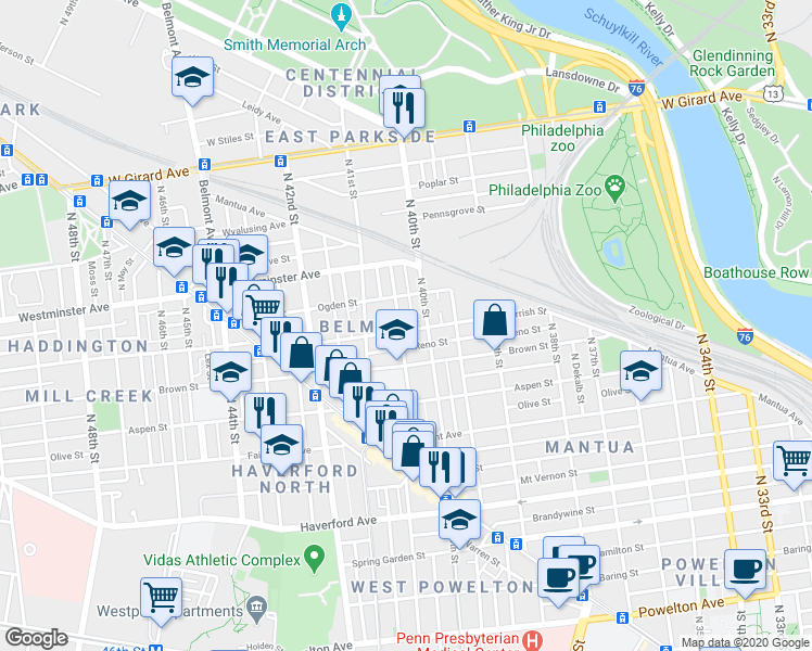 map of restaurants, bars, coffee shops, grocery stores, and more near 846 Wiota Street in Philadelphia
