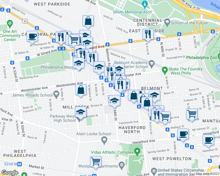 map of restaurants, bars, coffee shops, grocery stores, and more near in Philadelphia