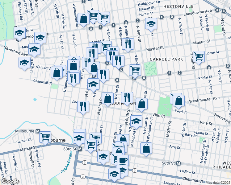 map of restaurants, bars, coffee shops, grocery stores, and more near 426 North 61st Street in Philadelphia